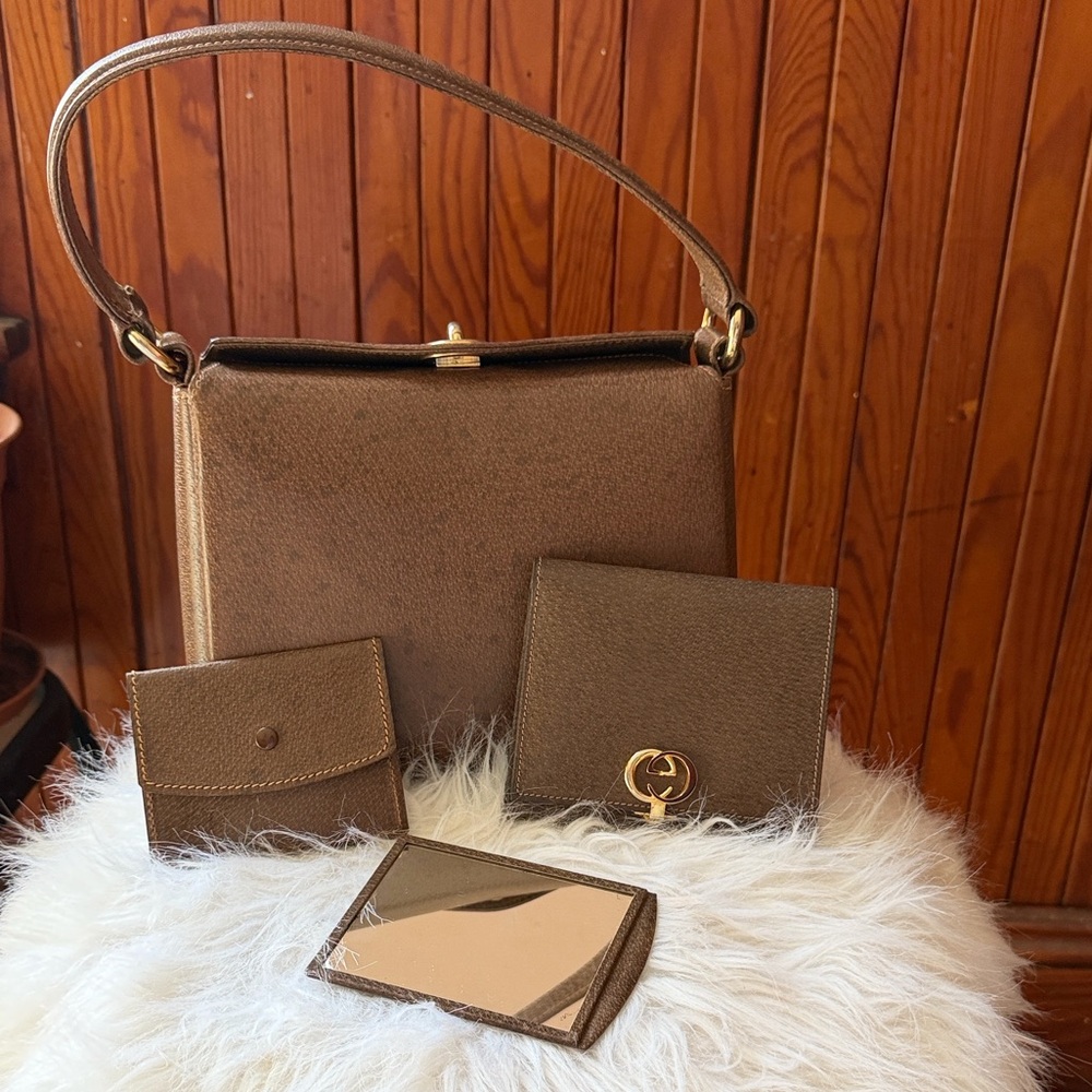 Rare Vintage Gucci Brown Leather Shoulder Bag Set